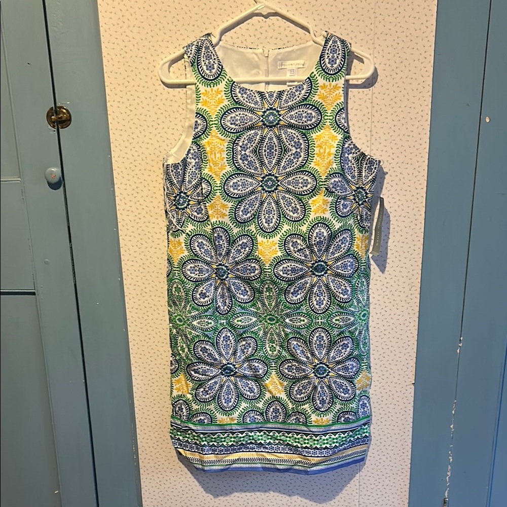 London Times Floral Sleeveless Dress - Blue, Yellow, Green